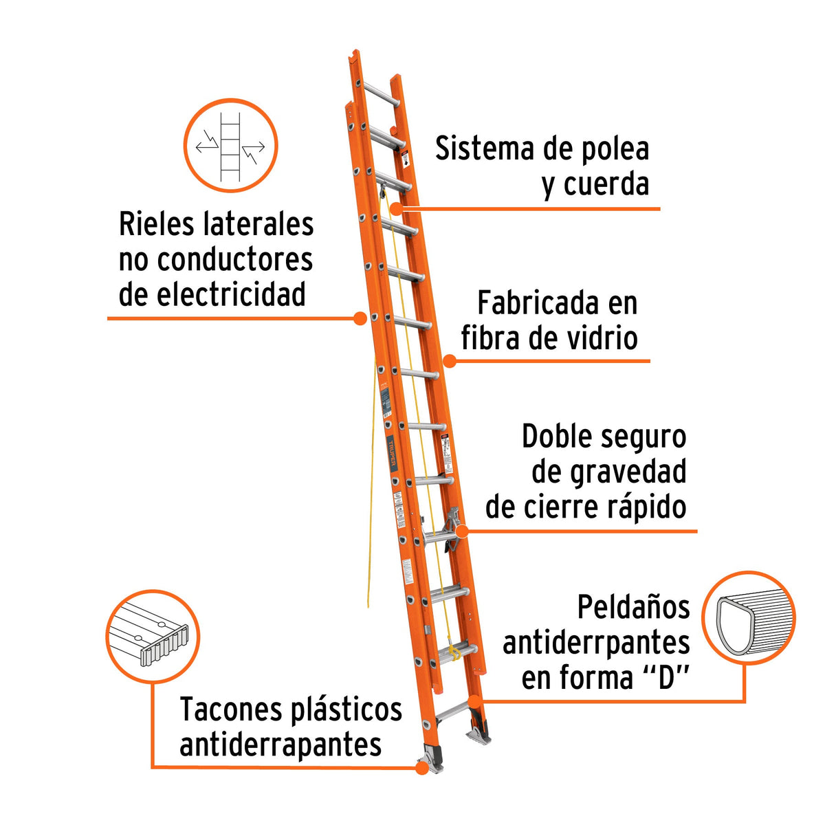 ESCALERA DE EXTENSIÓN TIPO II 24 PELDAÑOS FIBRA DE VIDRIO 16757 ESE-224FV