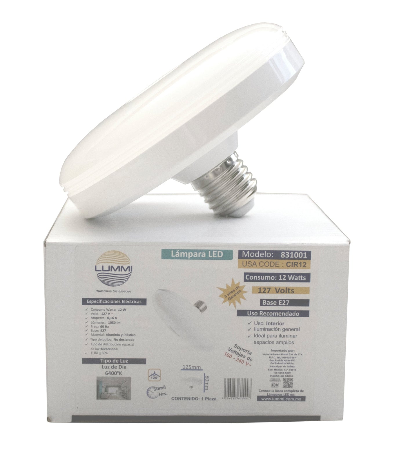 Luminaria Circular LED Luz Fría 12W 100-240V 1080LM 64K E26/E27 CIR12