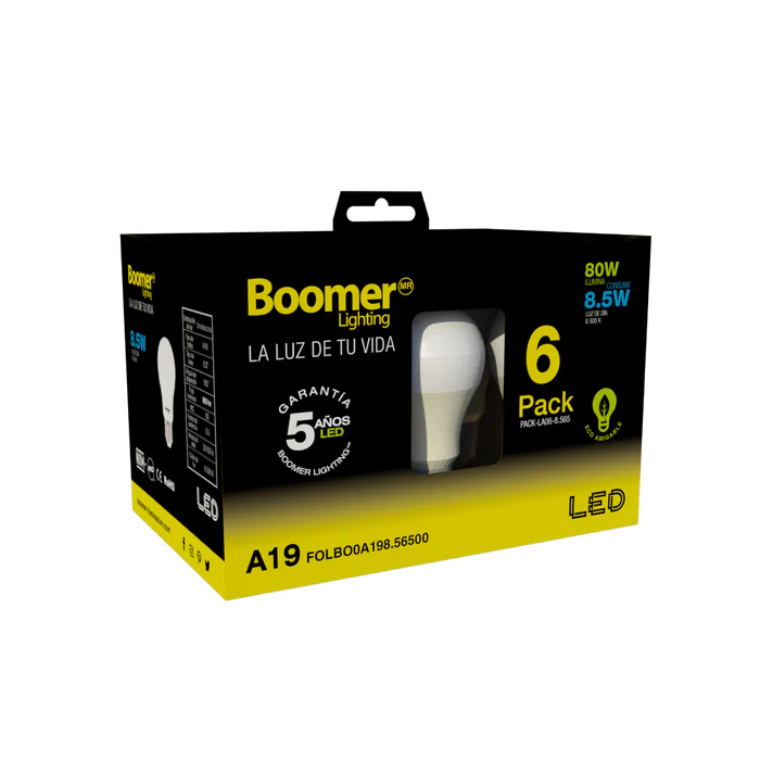 KIT DE 6 PIEZAS LÁMAPARAS FOCOS LED A19 8.5W 65K E27 PACK-LA06-8.565