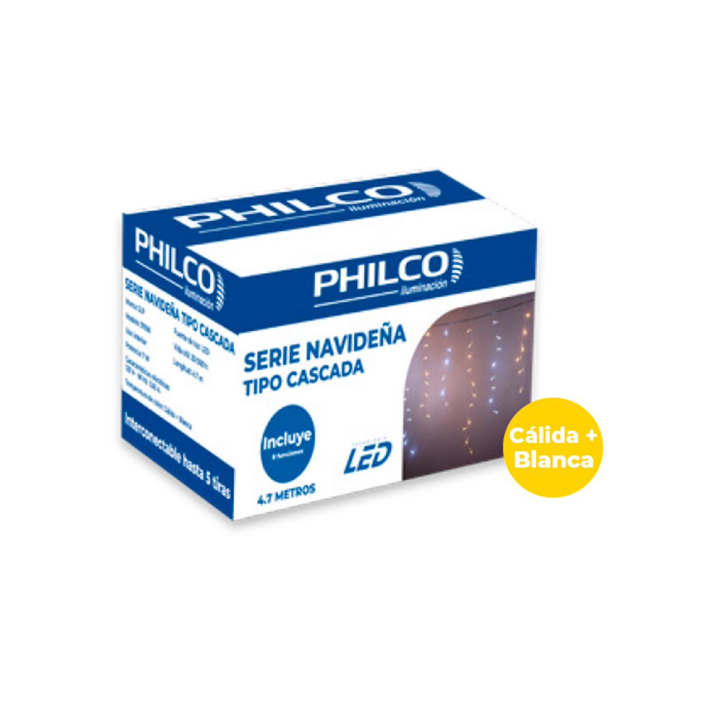 SERIE NAVIDEÑA LED BLANCA / AMBAR TIPO CASCADA 4.7MTS 8 EFECTOS PHILCO 57696
