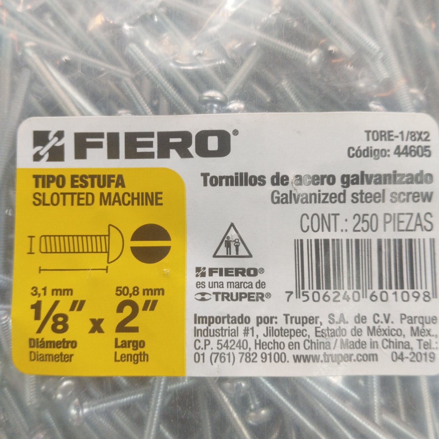 Tornillo de acero galvanizado bolsa con 250 pzas. 1/8" x 2"  44605