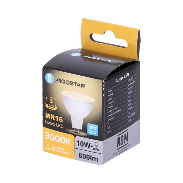 FOCO LED MR16 GU5.3 10W 800LM 30K LUZ CÁLIDA AIGOSTAR 683517