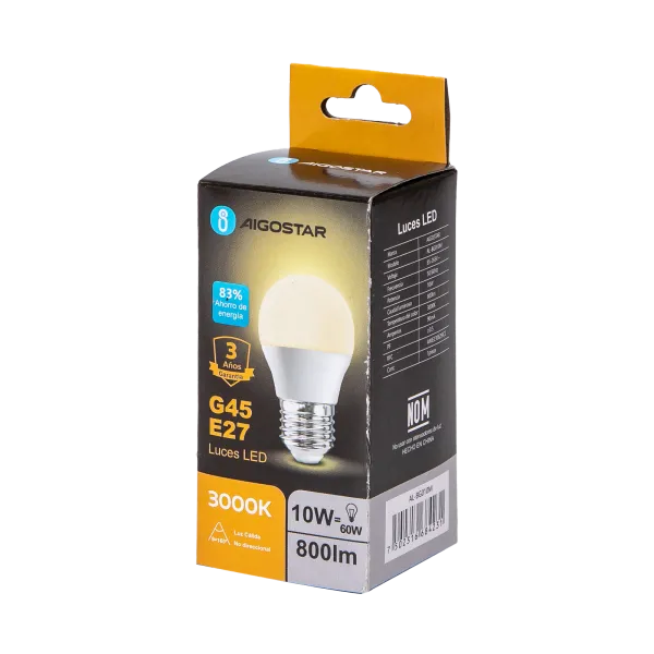 FOCO LED G45 E27 10W 800LM 30K LUZ CÁLIDA AIGOSTAR 684231