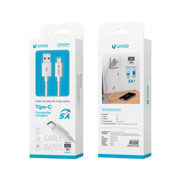 CABLE DE DATOS Y CARGA DE 1.00 METROS 5A BLANCO ALTA VELOCIDAD Y CARGA RÁPIDA  USB-A A TIPO-C  AIGOSTAR 696128 CARGADOR