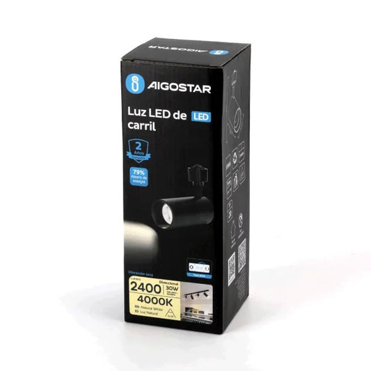 LÁMPARA REFLECTOR RIEL LED NEGRO 30W 24,000LM 40K LUZ NEUTRA AIGOSTAR 061383 PARA RIEL AIGOSTAR