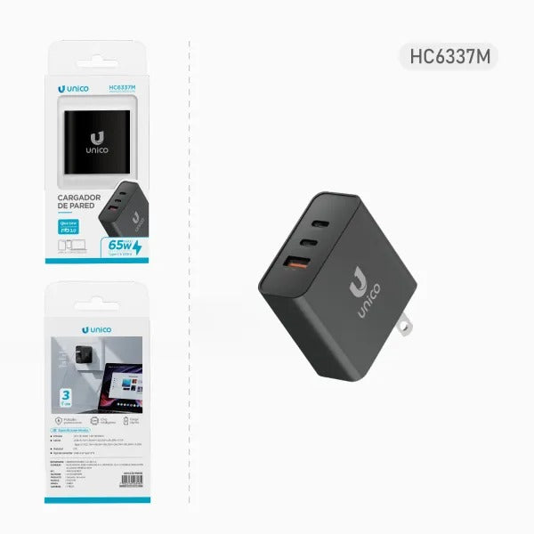 CARGADOR CARGA RÁPIDA 65W PUERTOS 2 USB C + 1 USB A NEGRO AIGOSTAR 563482 FUENTE PODER