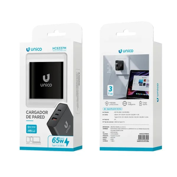 CARGADOR CARGA RÁPIDA 65W PUERTOS 2 USB C + 1 USB A NEGRO AIGOSTAR 563482 FUENTE PODER