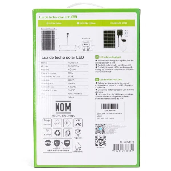 LÁMPARA LED A PRUEBA DE HUMEDAD SOLAR 70W 65K LUZ FRÍA AIGOSTAR TIPO PANEL 705882