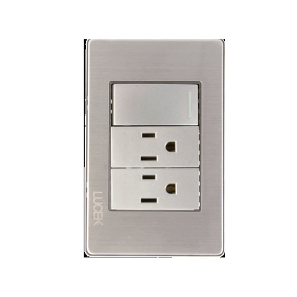 PLACA METALICA CON 1 INTERRUPTOR DE ESCALERA Y 2 CONTACTOS DE 1 MODULO ANODIZADO