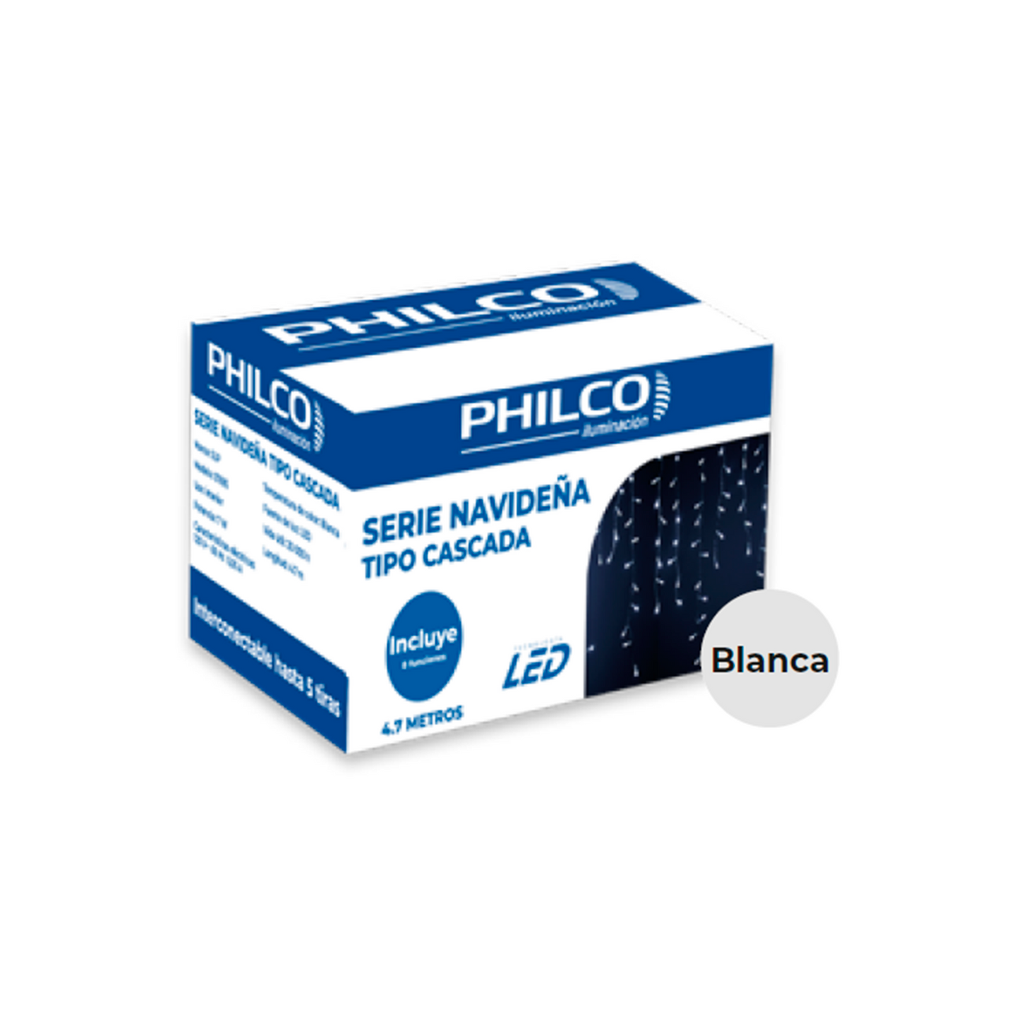 SERIE NAVIDEÑA LED BLANCA TIPO CASCADA 4.7MTS 8 EFECTOS PHILCO 57695