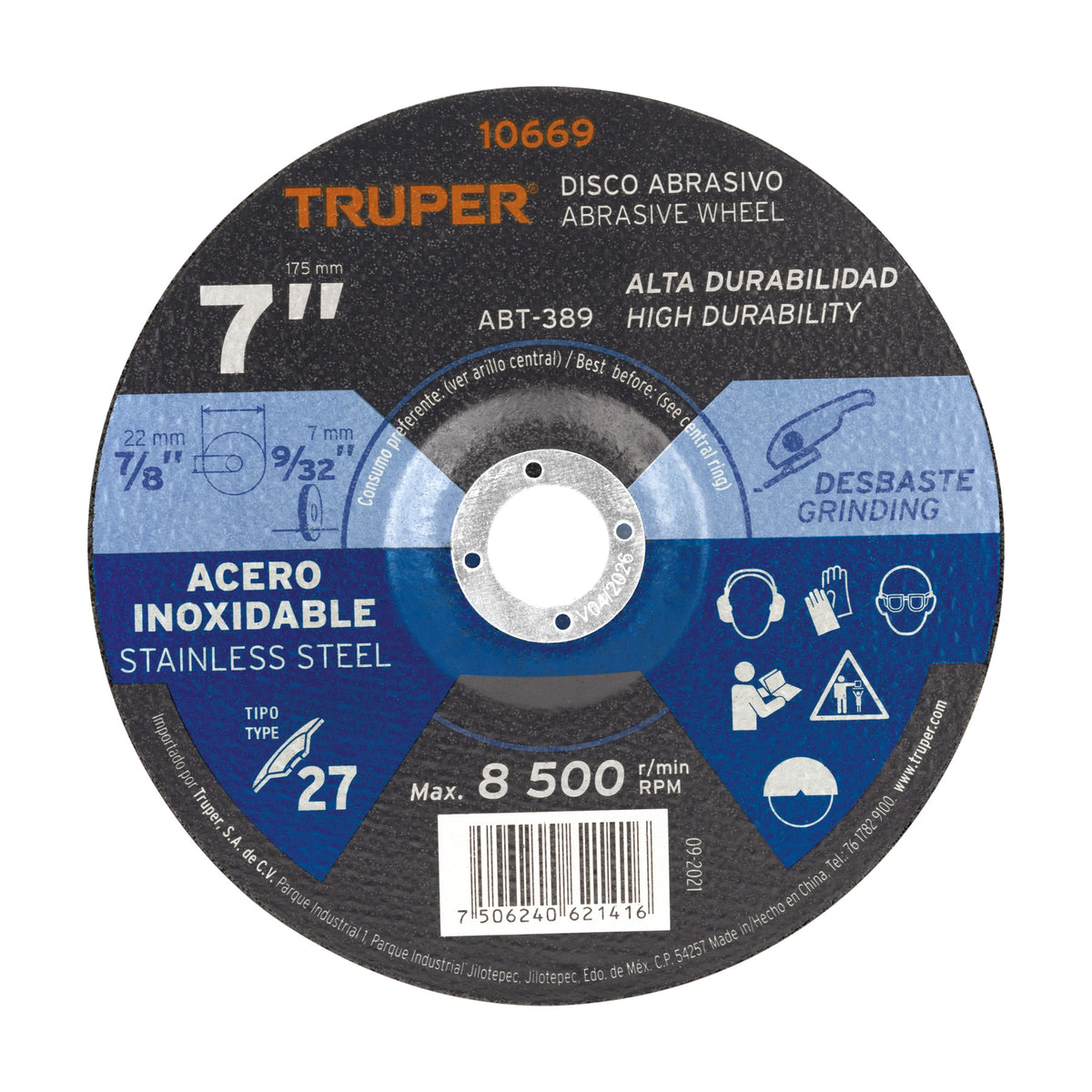 Disco Tipo 27 de 7' x 7.2 mm desbaste de acero inoxidable — foto oficial 1