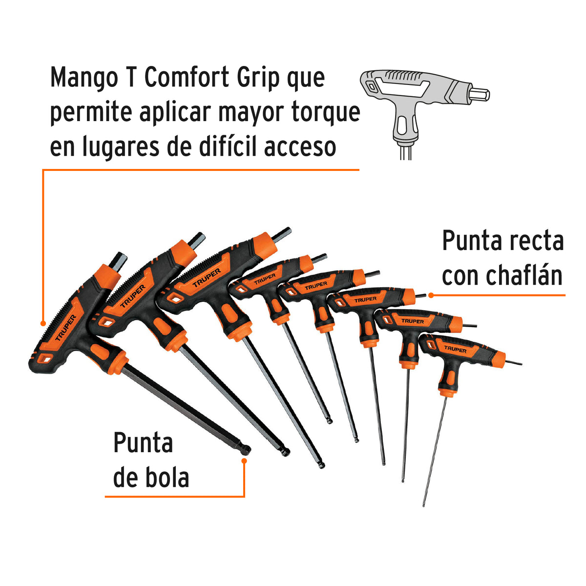 Juego 8 llaves hexagonales mm extralargas mango T,punta bola, Truper, SKU 100933 — vista 3