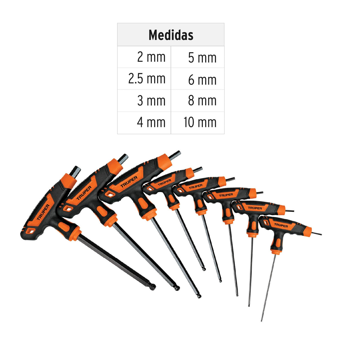 Juego 8 llaves hexagonales mm extralargas mango T,punta bola, Truper, SKU 100933 — vista 4