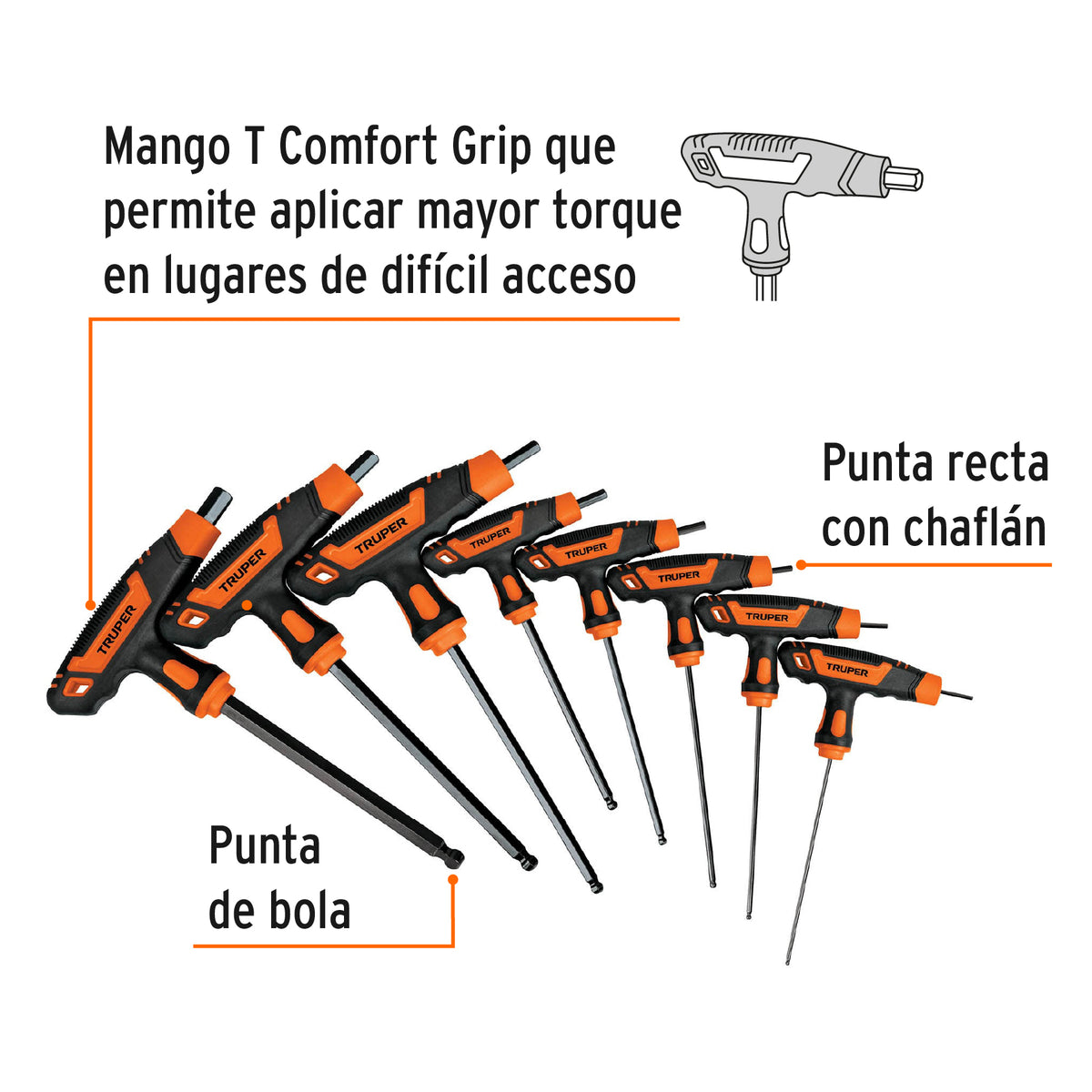 Juego 8 llaves hexagonales std extralarga mango T,punta bola, Truper, SKU 100934 — vista 3