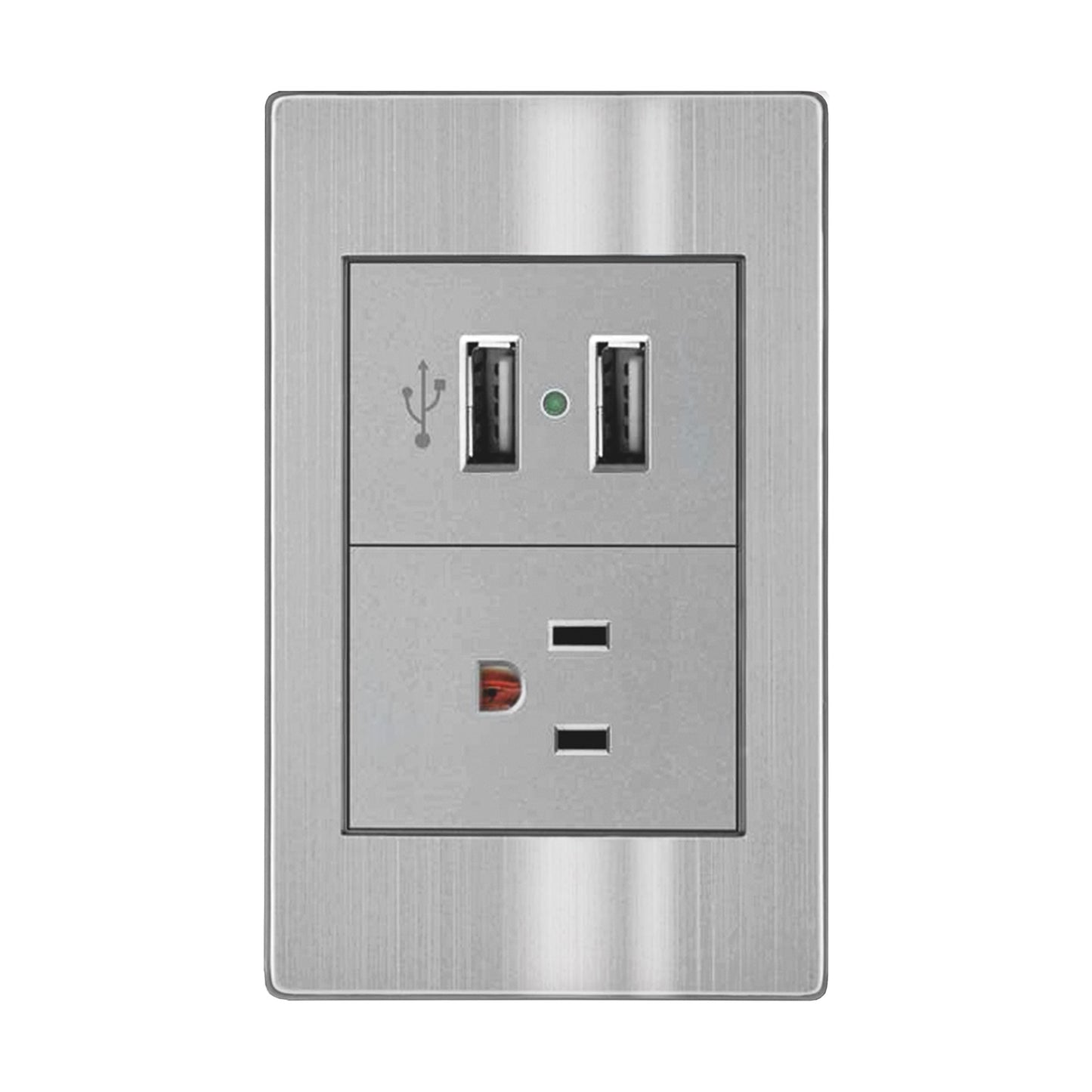 PLACA CON CONTACTO ATERRIZADO Y DOS PUERTO USB DE 2.1AMPS 5V ACERO INOX ARTLITE CON PLACA Y CHASIS ARMADO