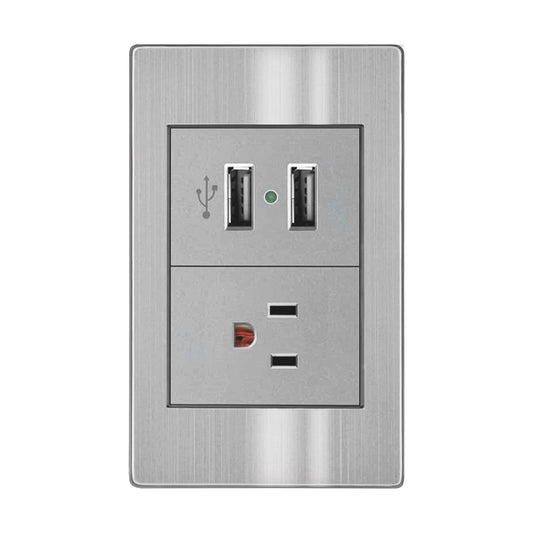 PLACA CON CONTACTO ATERRIZADO Y DOS PUERTO USB DE 2.1AMPS 5V ACERO INOX ARTLITE CON PLACA Y CHASIS ARMADO