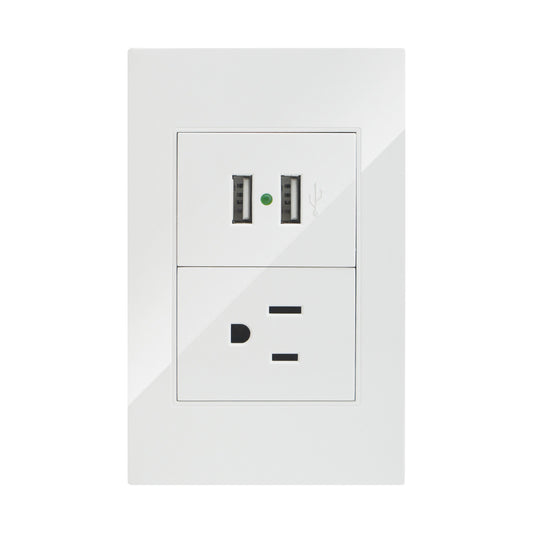 PLACA CON CONTACTO ATERRIZADO Y DOS PUERTOS USB 5V 2.1AMPS COLOR BLANCO MARCA ARTLITE APL-207 ARMADO CON PLACA Y CHASIS