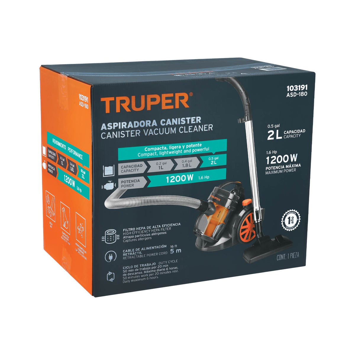 Aspiradora canister 2 L (0.5 gal), 1,200 W (1.6 HP), TRUPER — foto oficial 2
