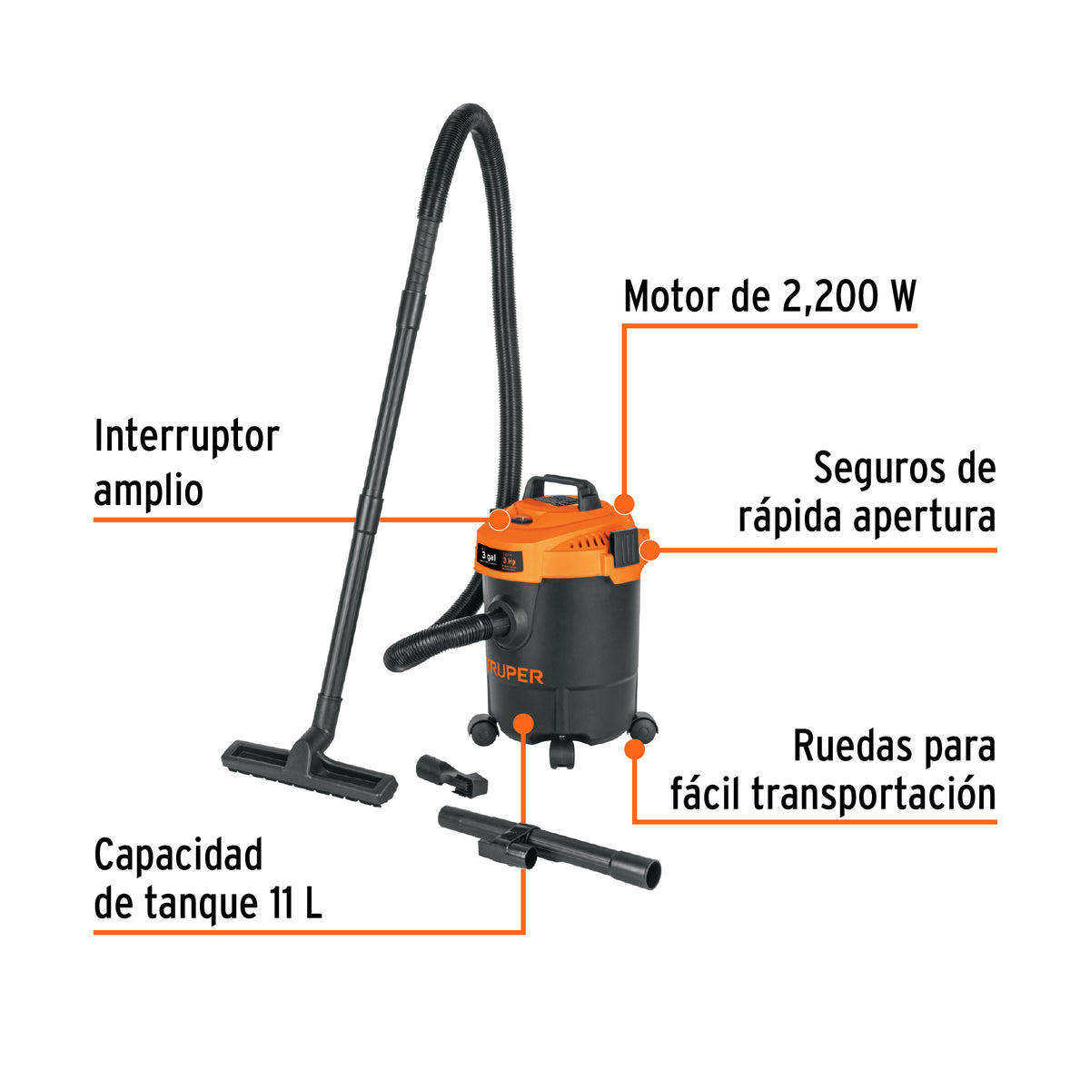 Aspiradora de sólidos y líquidos, 3 gal, plástica, negra, Truper, SKU 102962 — vista 3