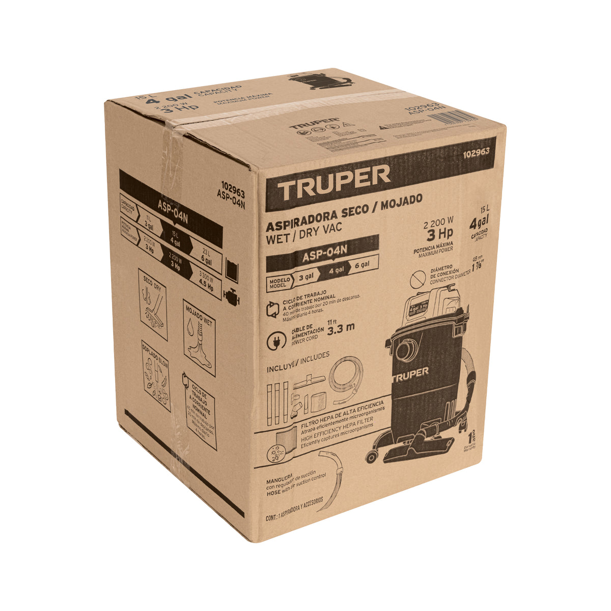 Aspiradora de sólidos y líquidos, 4 gal, plástica, negra, Truper, SKU 102963 — vista 2