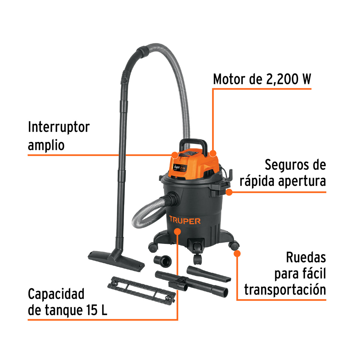 Aspiradora de sólidos y líquidos, 4 gal, plástica, negra, Truper, SKU 102963 — vista 3