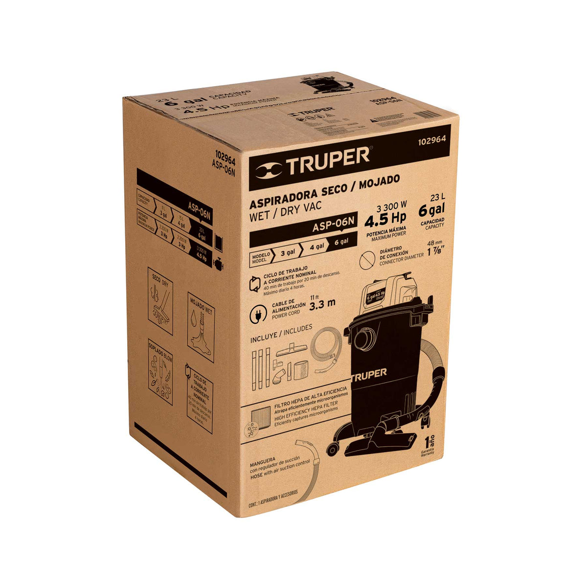 Aspiradora de sólidos y líquidos, 6 gal, plástica, negra, Truper, SKU 102964 — vista 2