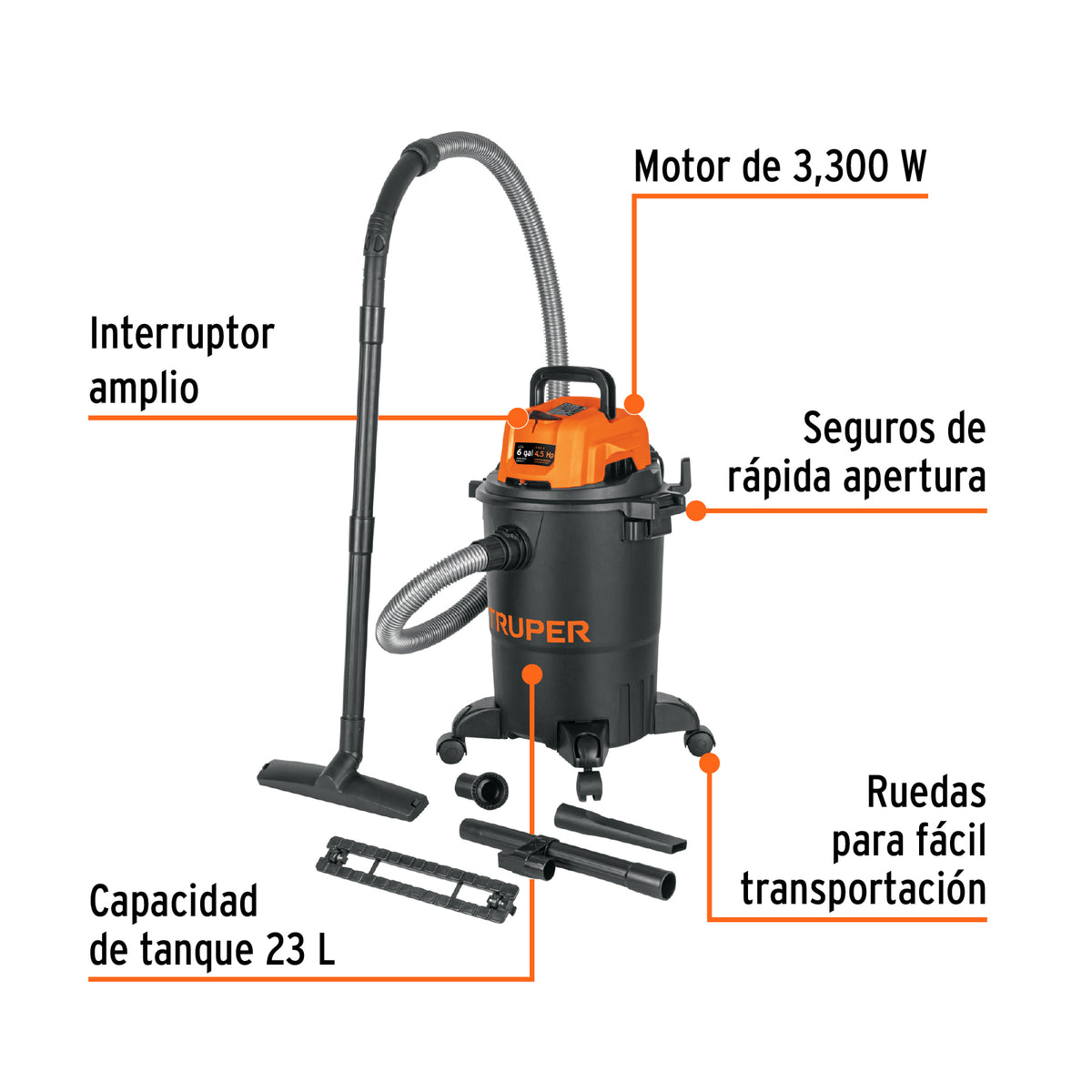 Aspiradora de sólidos y líquidos, 6 gal, plástica, negra, Truper, SKU 102964 — vista 3