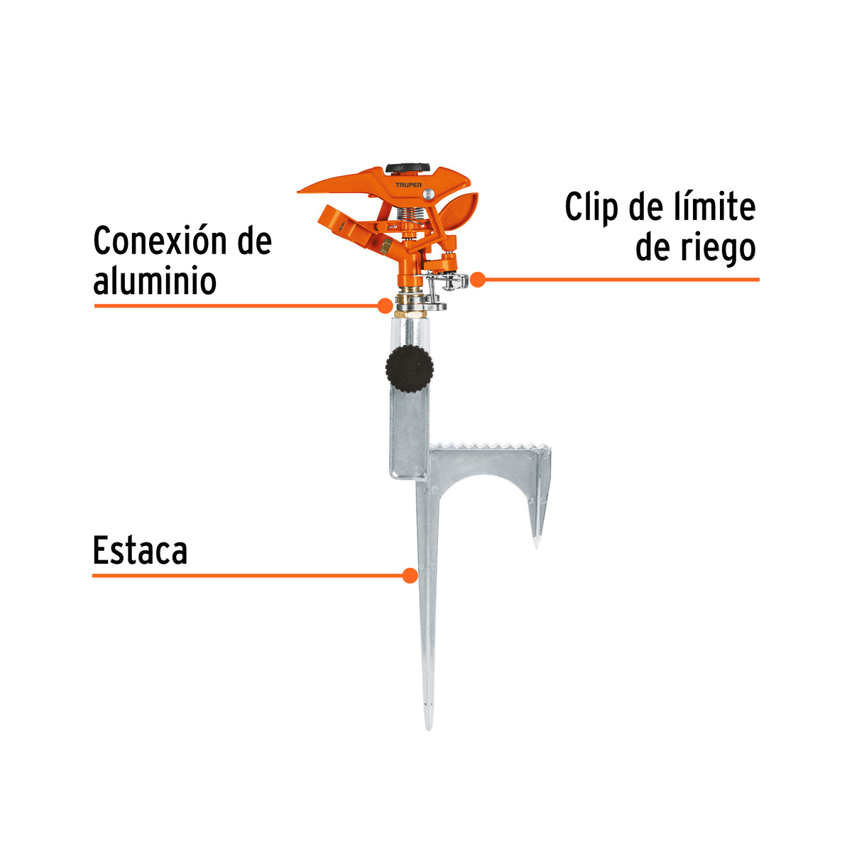 Aspersor metálico 14' dos vías, reforzado, estaca de escalón, Truper, SKU 10323 — vista 3