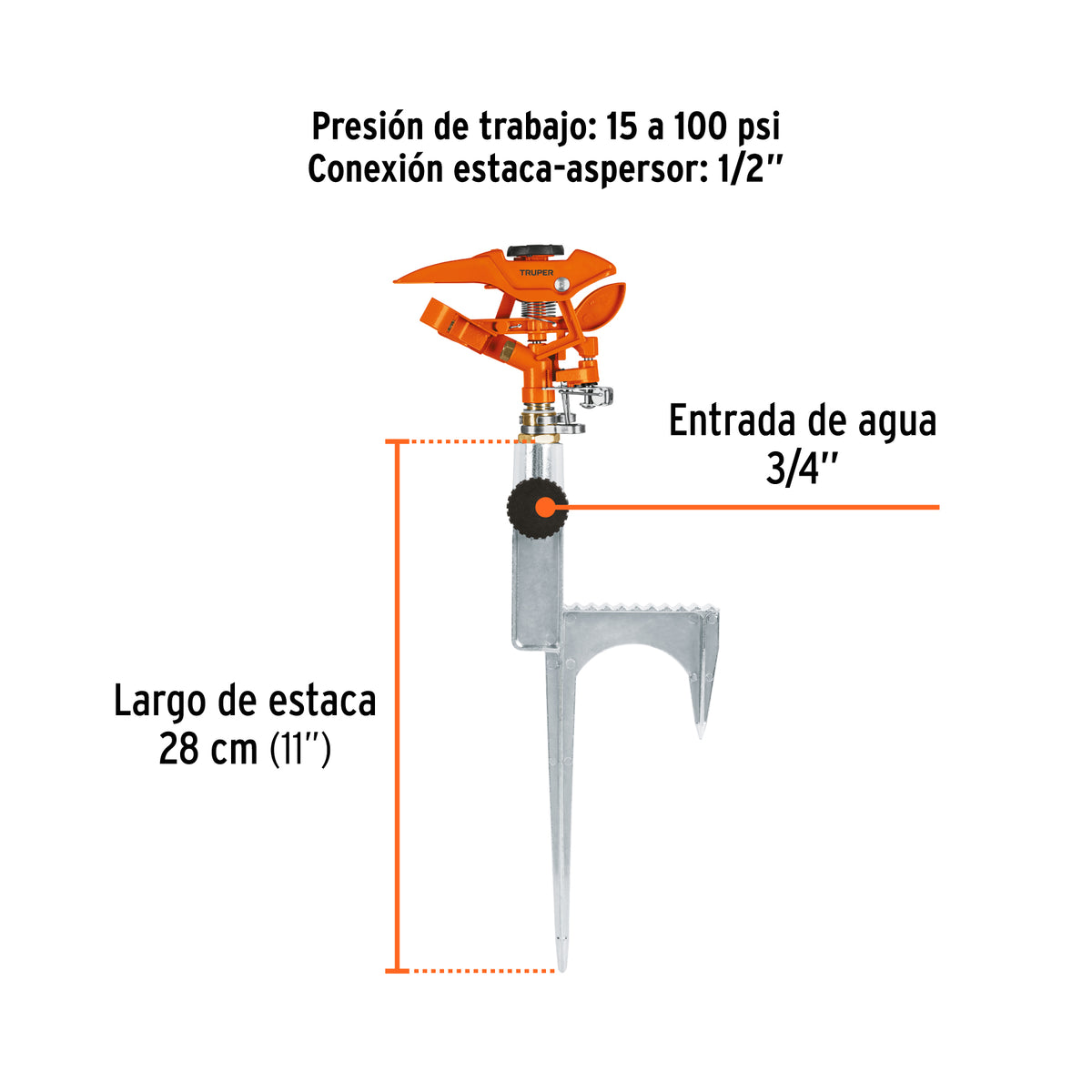 Aspersor metálico 14' dos vías, reforzado, estaca de escalón, Truper, SKU 10323 — vista 4