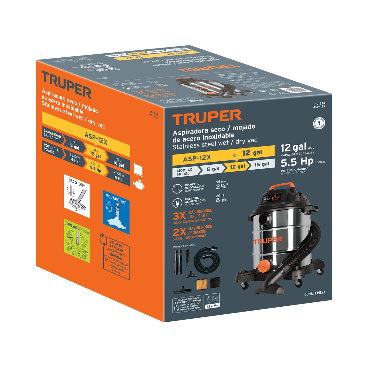 Aspiradora de sólidos y líquidos, 12 gal, acero inox, TRUPER, Truper, SKU 101524 — vista 2