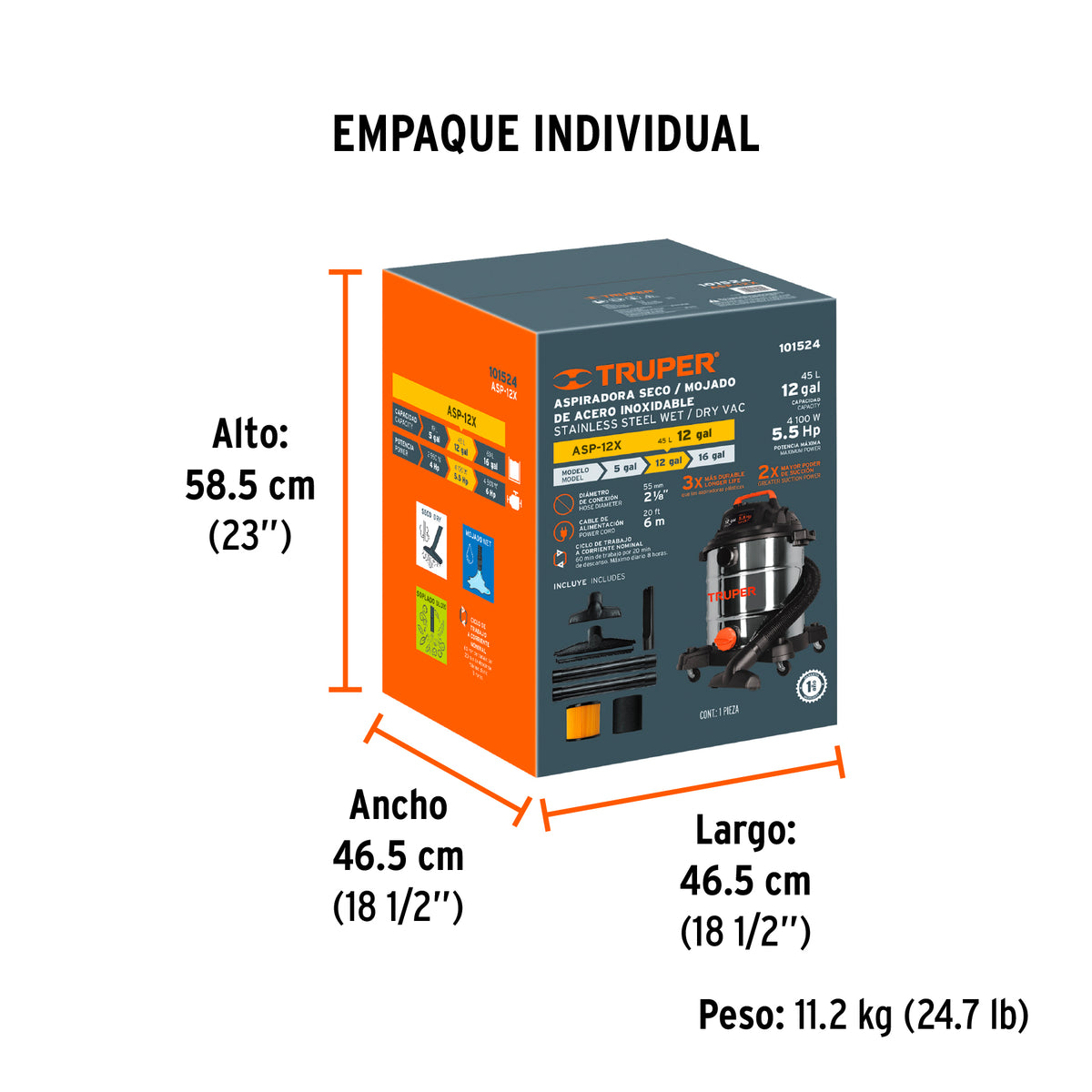 Aspiradora de sólidos y líquidos, 12 gal, acero inox, TRUPER, Truper, SKU 101524 — vista 5