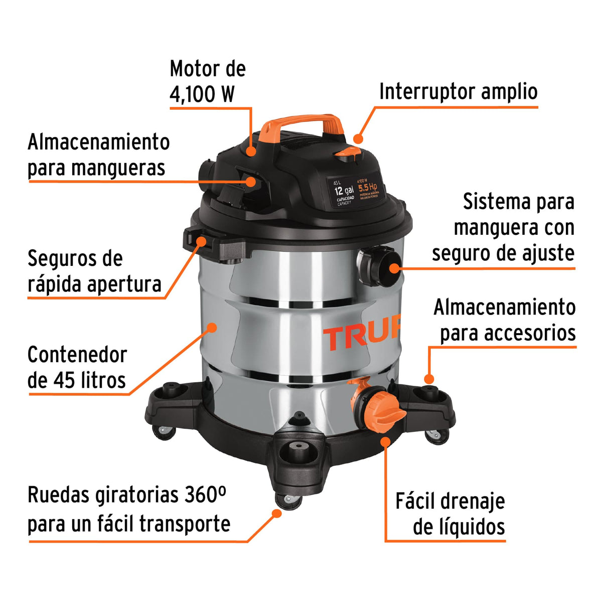 Aspiradora de sólidos y líquidos, 12 gal, acero inox, TRUPER, Truper, SKU 101524 — vista 3