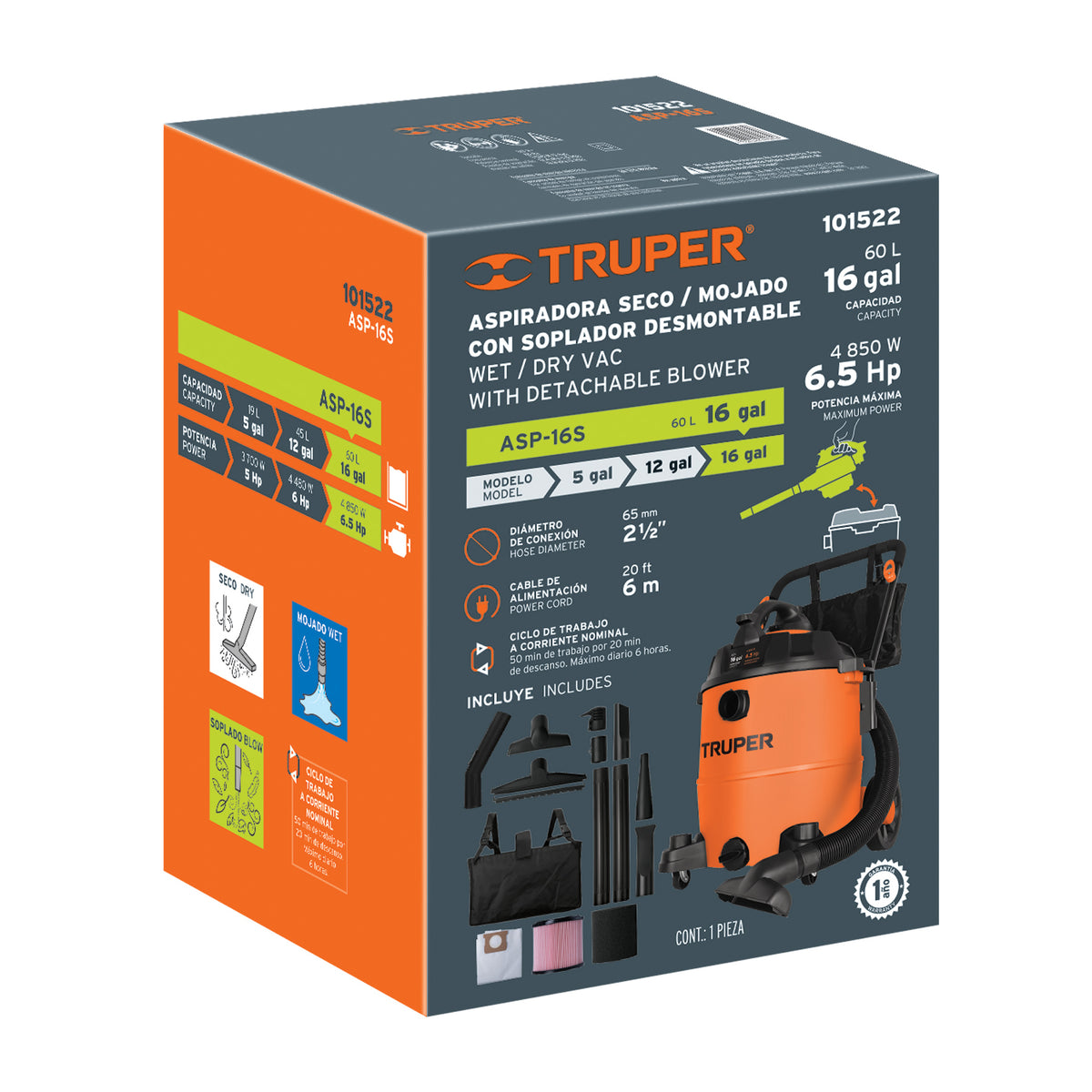 Aspiradora sólidos y líquidos, 16 gal, soplador desmontable, Truper, SKU 101522 — vista 2