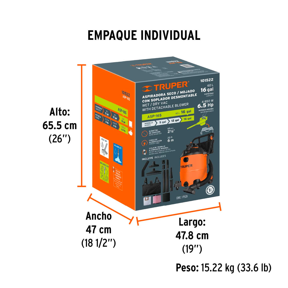 Aspiradora sólidos y líquidos, 16 gal, soplador desmontable, Truper, SKU 101522 — vista 5