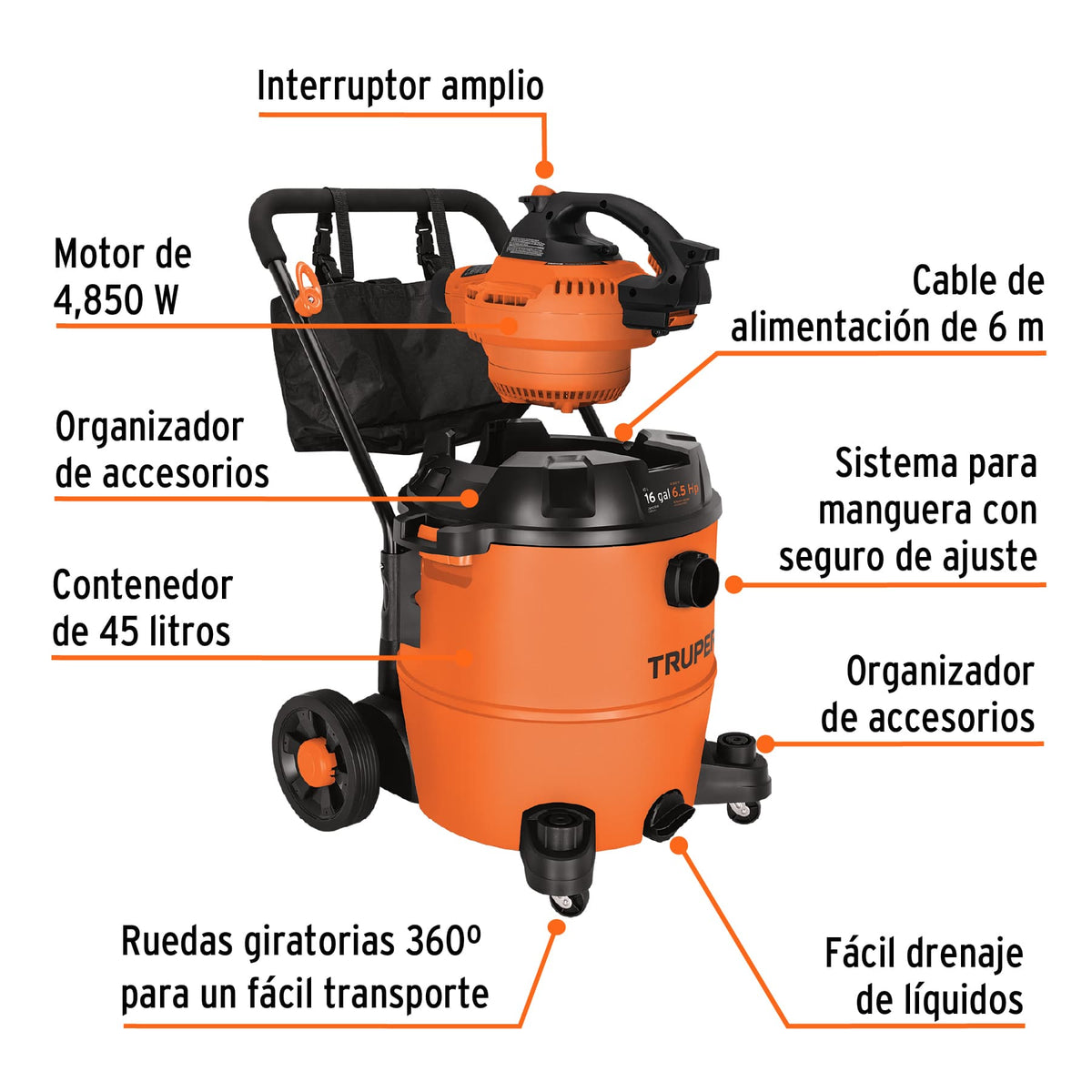 Aspiradora sólidos y líquidos, 16 gal, soplador desmontable, Truper, SKU 101522 — vista 3