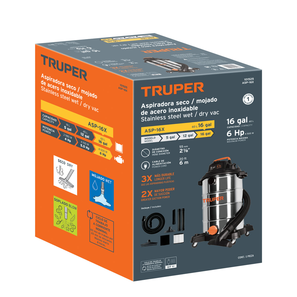 Aspiradora de sólidos y líquidos, 16 gal, acero inox, TRUPER, Truper, SKU 101525 — vista 2