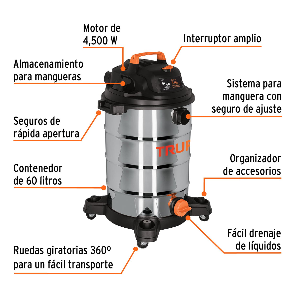 Aspiradora de sólidos y líquidos, 16 gal, acero inox, TRUPER, Truper, SKU 101525 — vista 3