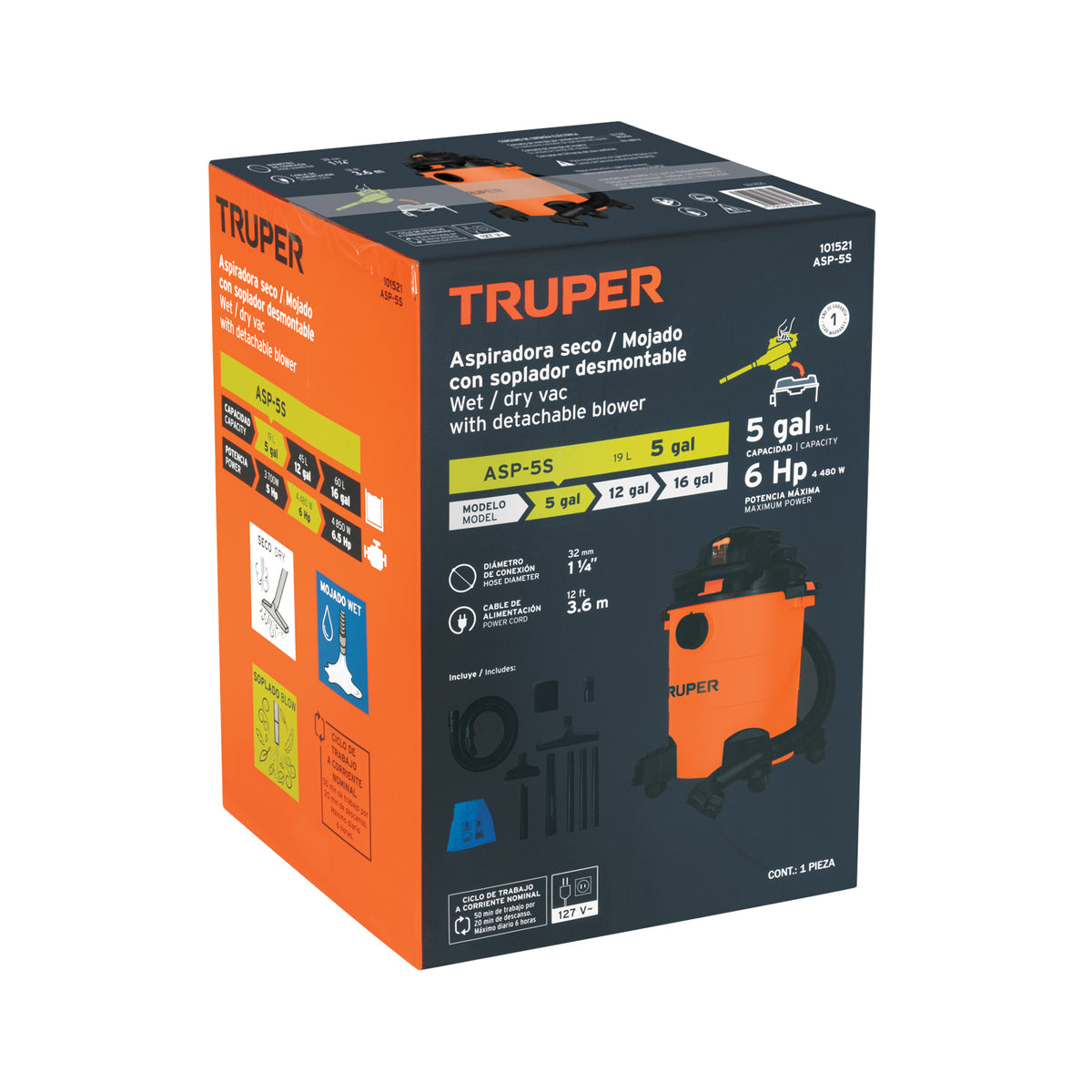 Aspiradora sólidos y líquidos, 5 gal, soplador desmontable, Truper, SKU 101521 — vista 2