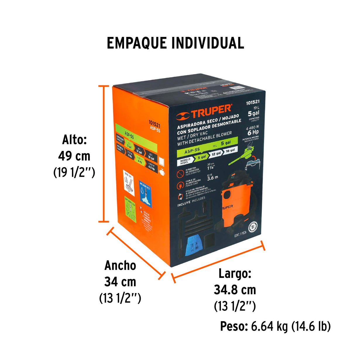 Aspiradora sólidos y líquidos, 5 gal, soplador desmontable, Truper, SKU 101521 — vista 5