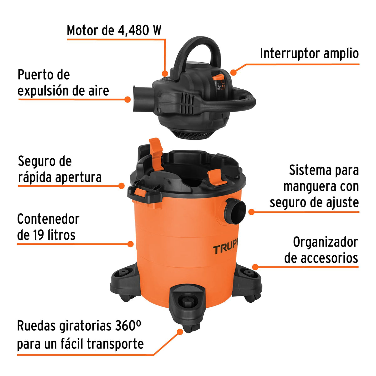 Aspiradora sólidos y líquidos, 5 gal, soplador desmontable, Truper, SKU 101521 — vista 3