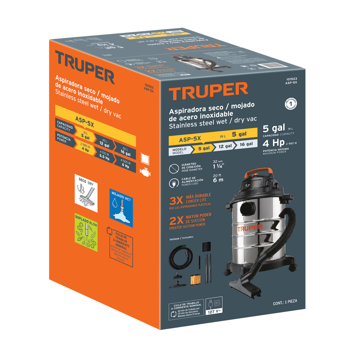 Aspiradora de sólidos y líquidos, 5 gal, acero inox, TRUPER, Truper, SKU 101523 — vista 2