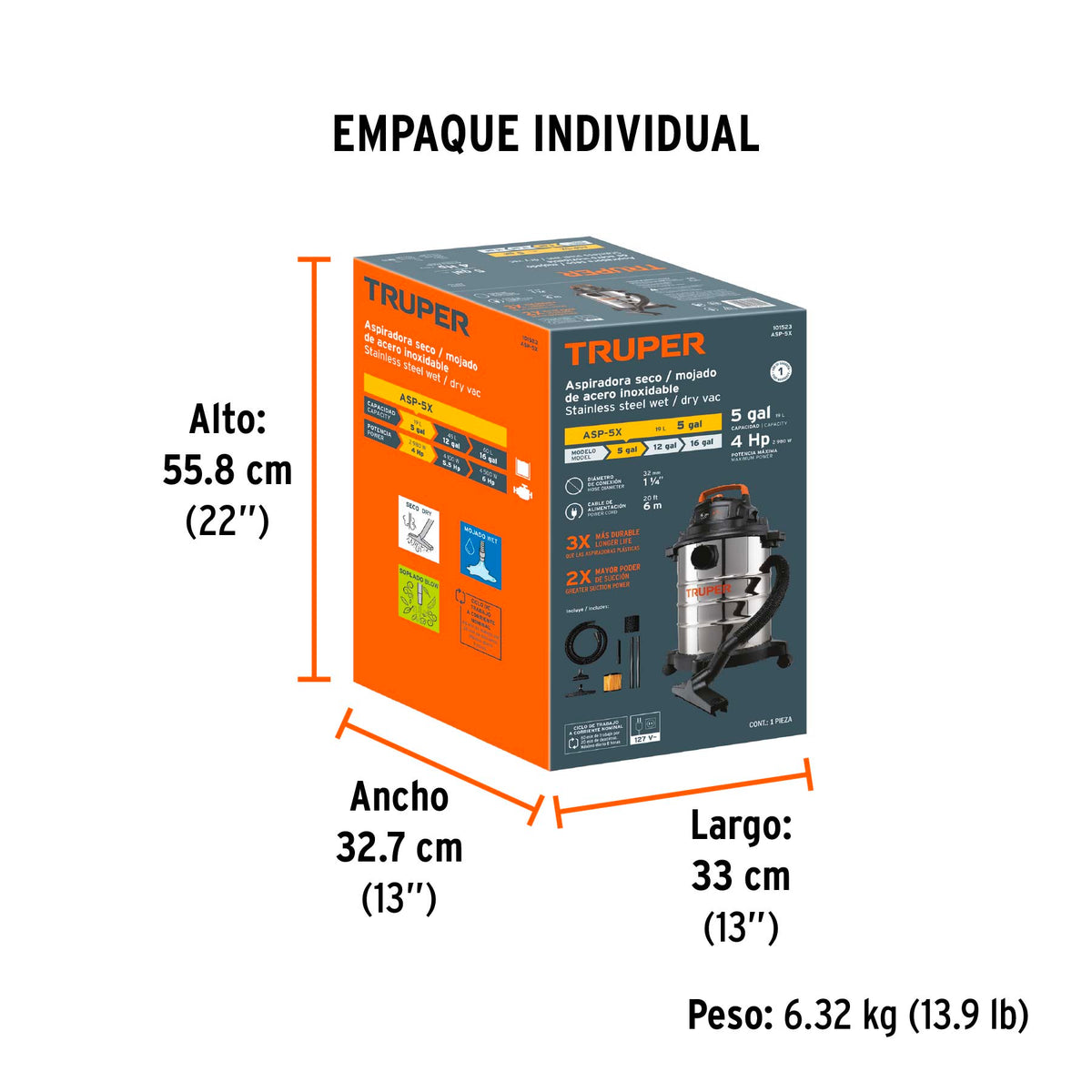 Aspiradora de sólidos y líquidos, 5 gal, acero inox, TRUPER, Truper, SKU 101523 — vista 5