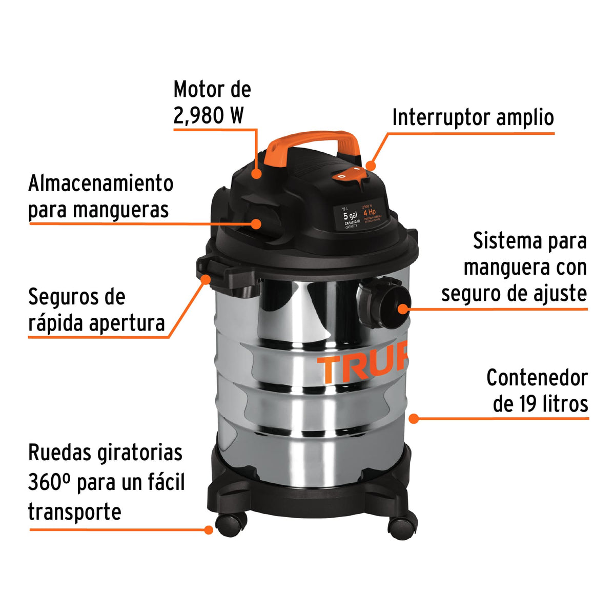 Aspiradora de sólidos y líquidos, 5 gal, acero inox, TRUPER, Truper, SKU 101523 — vista 3
