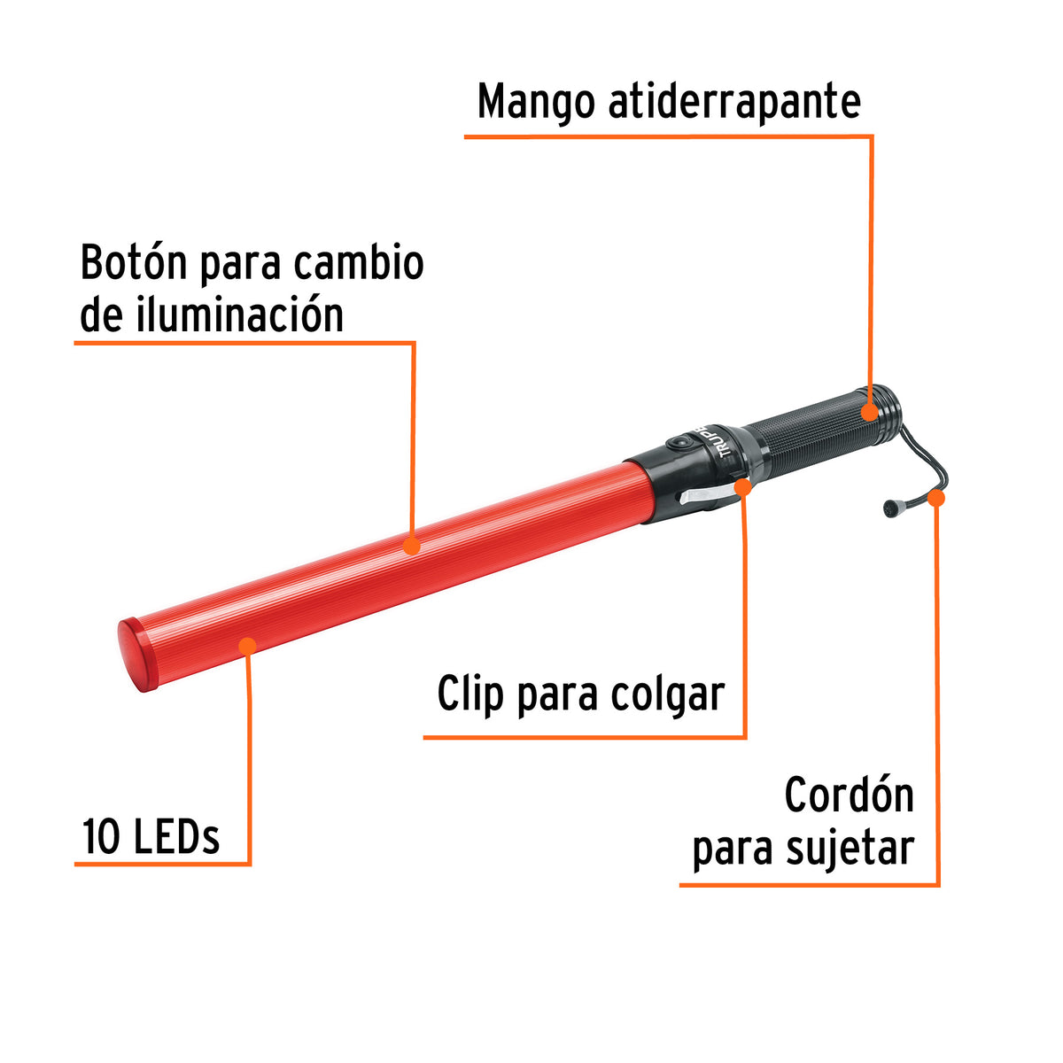 Bastón luminoso de 53 cm con luz LED y clip para cinturón, Truper, SKU 101219 — vista 4
