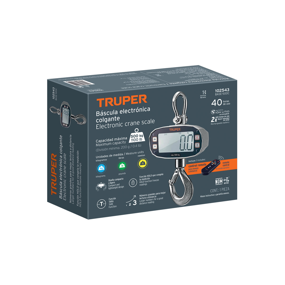 Báscula electrónica colgante, recargable, 500 kg, TRUPER, Truper, SKU 102543 — vista 2