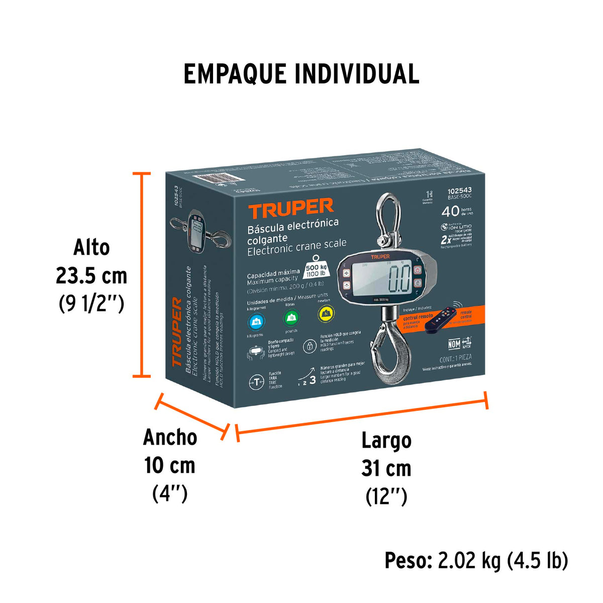 Báscula electrónica colgante, recargable, 500 kg, TRUPER, Truper, SKU 102543 — vista 5