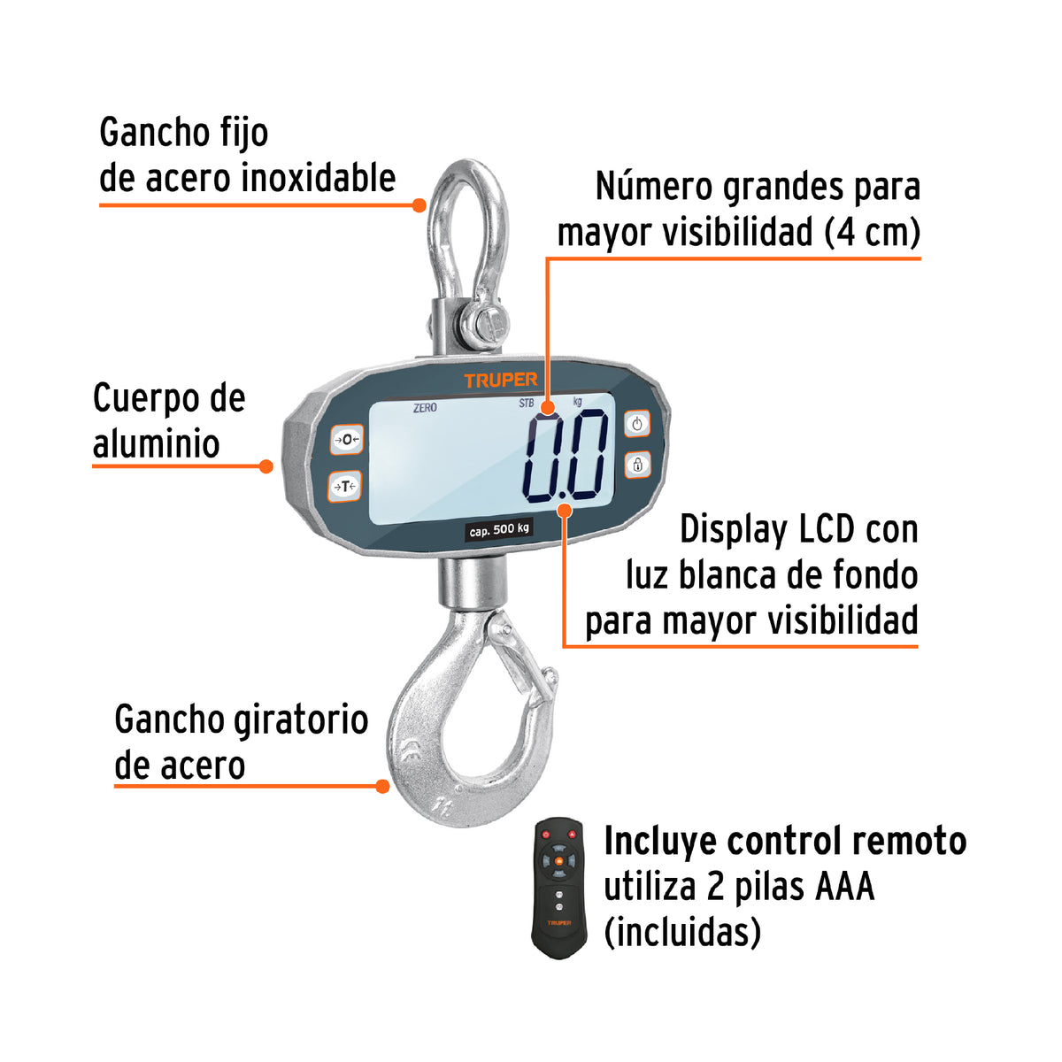 Báscula electrónica colgante, recargable, 500 kg, TRUPER, Truper, SKU 102543 — vista 3