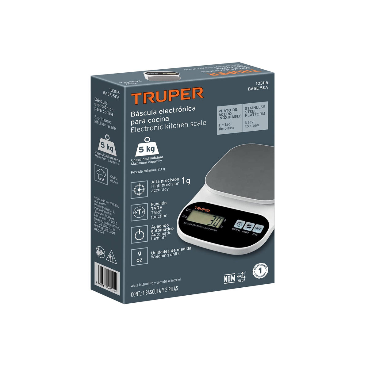 Báscula digital para cocina, plato de acero inox,5kg, TRUPER, Truper, SKU 103116 — vista 2