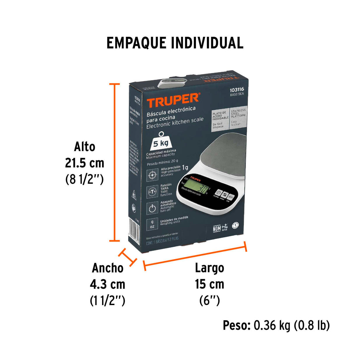 Báscula digital para cocina, plato de acero inox,5kg, TRUPER, Truper, SKU 103116 — vista 5