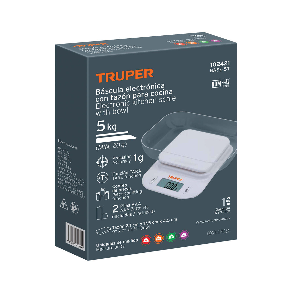 Báscula digital para cocina, con tazón, 5 kg, TRUPER, Truper, SKU 102421 — vista 2